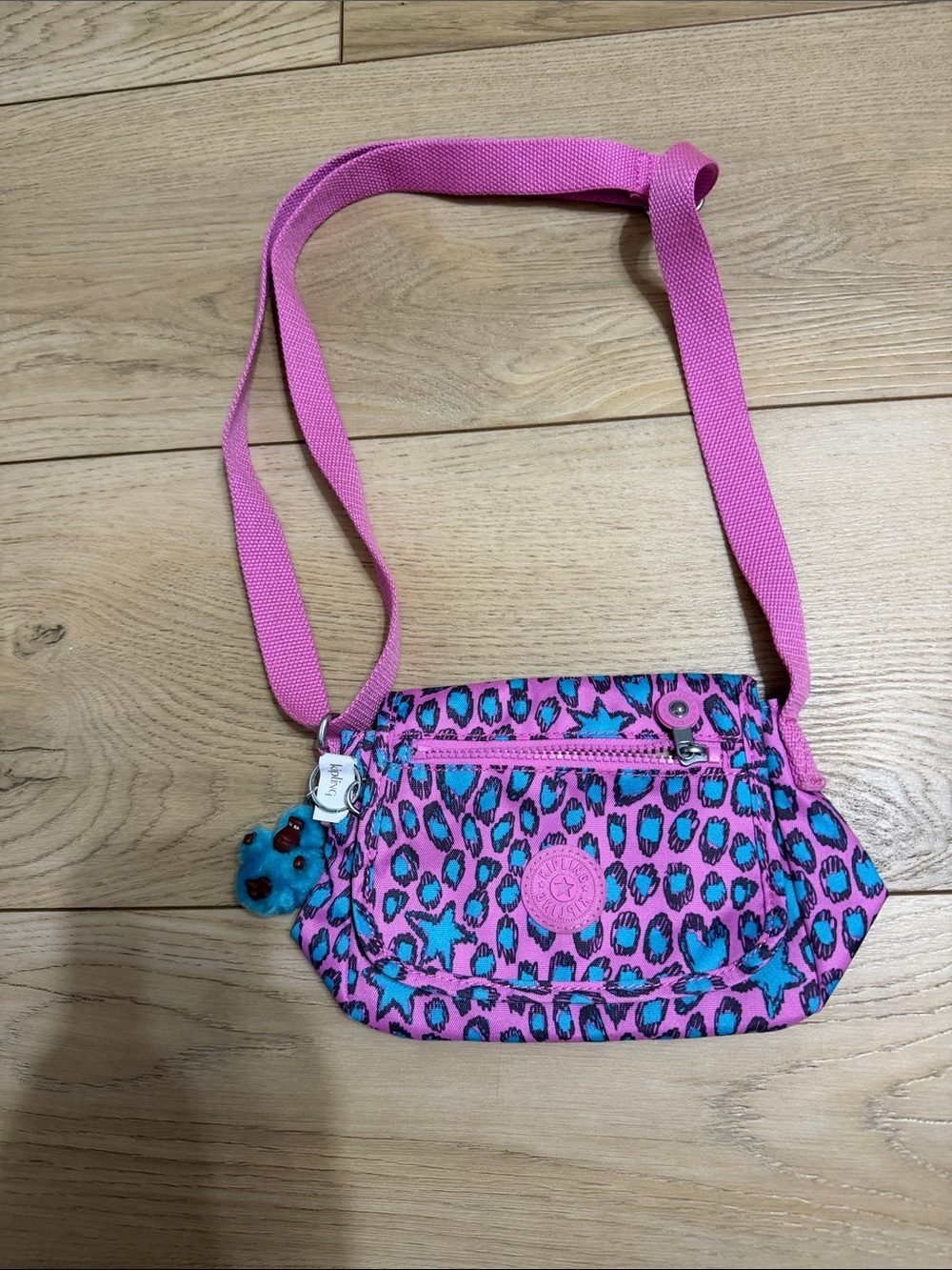 Kipling Pink and Teal Leopard Kids Crossbody Bag